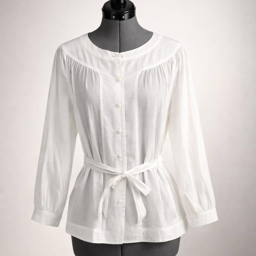 See By Chloe Cotton Button-Up Blouse, pleats, cinched tie waist, cuffs, 2, EUC